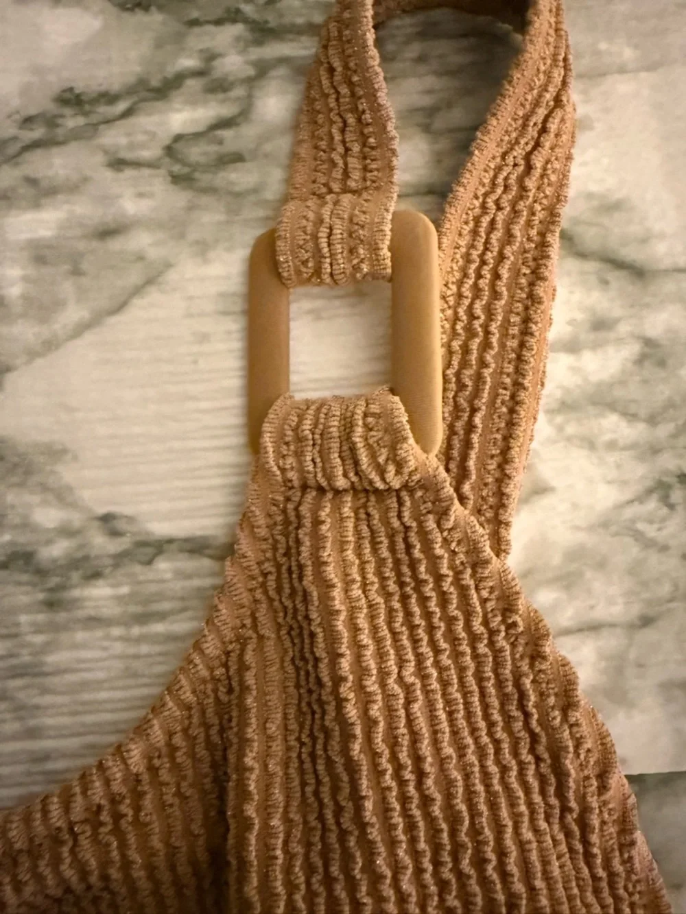 NWT Aerie Shimmery Crinkle Birthday Scoop Cheekiest One Piece w Buckle Tan large - Picture 3 of 6